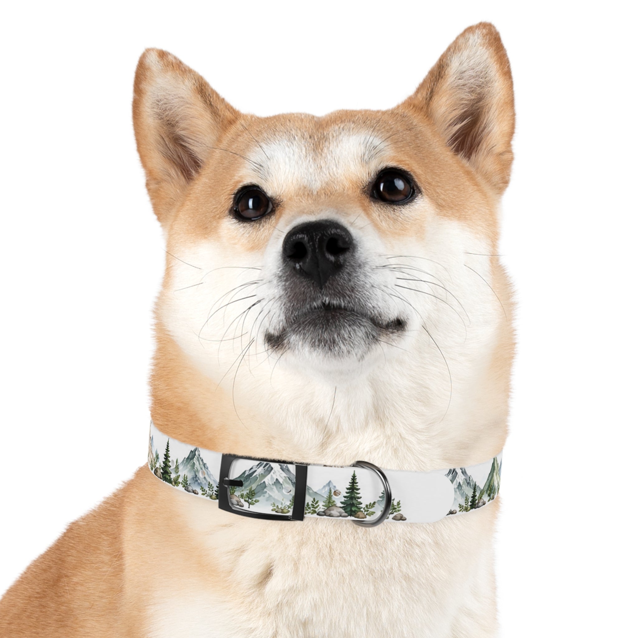 Mountain Pine Dog Collar — Watercolor Mountains & Evergreen Trees