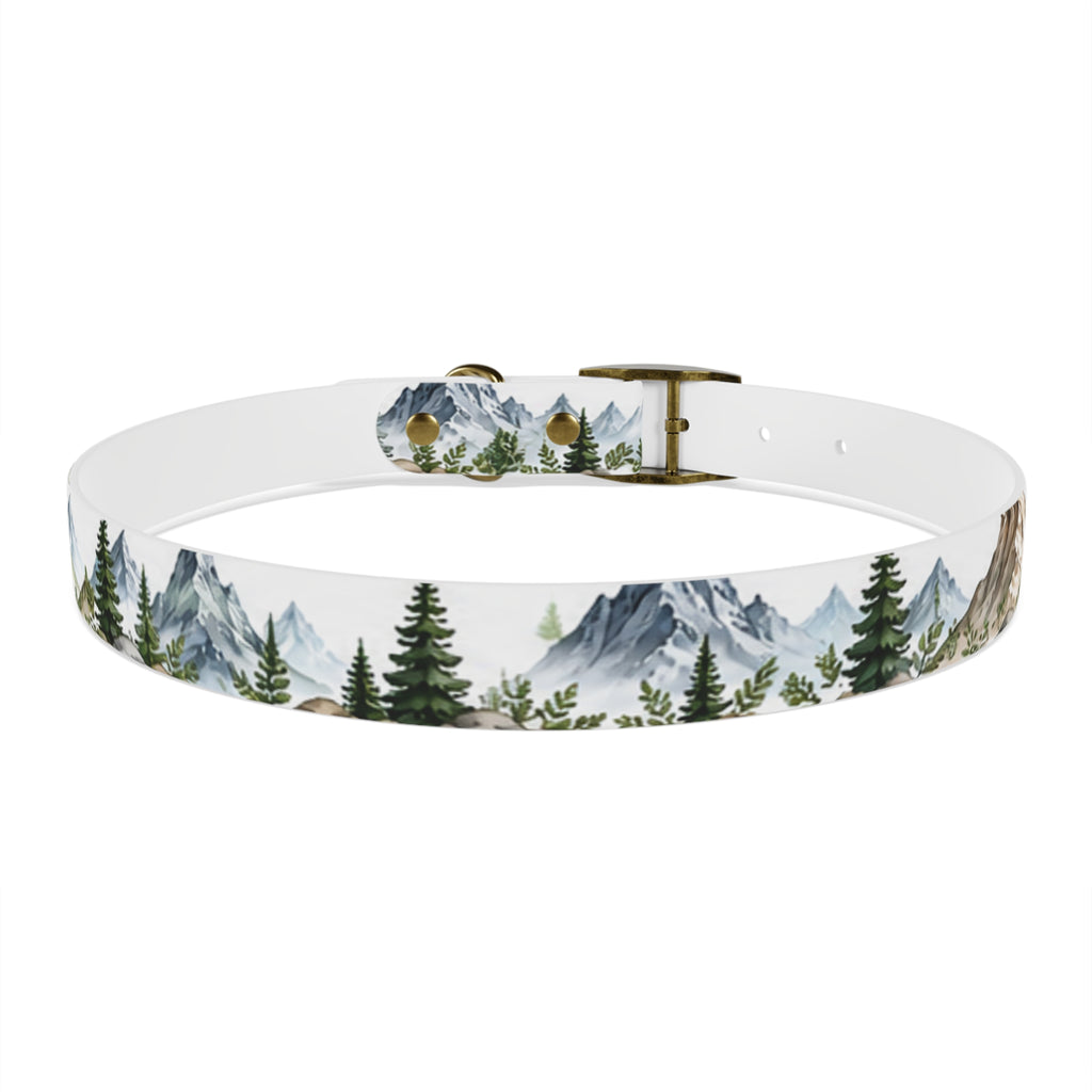 Mountain Pine Dog Collar — Watercolor Mountains & Evergreen Trees