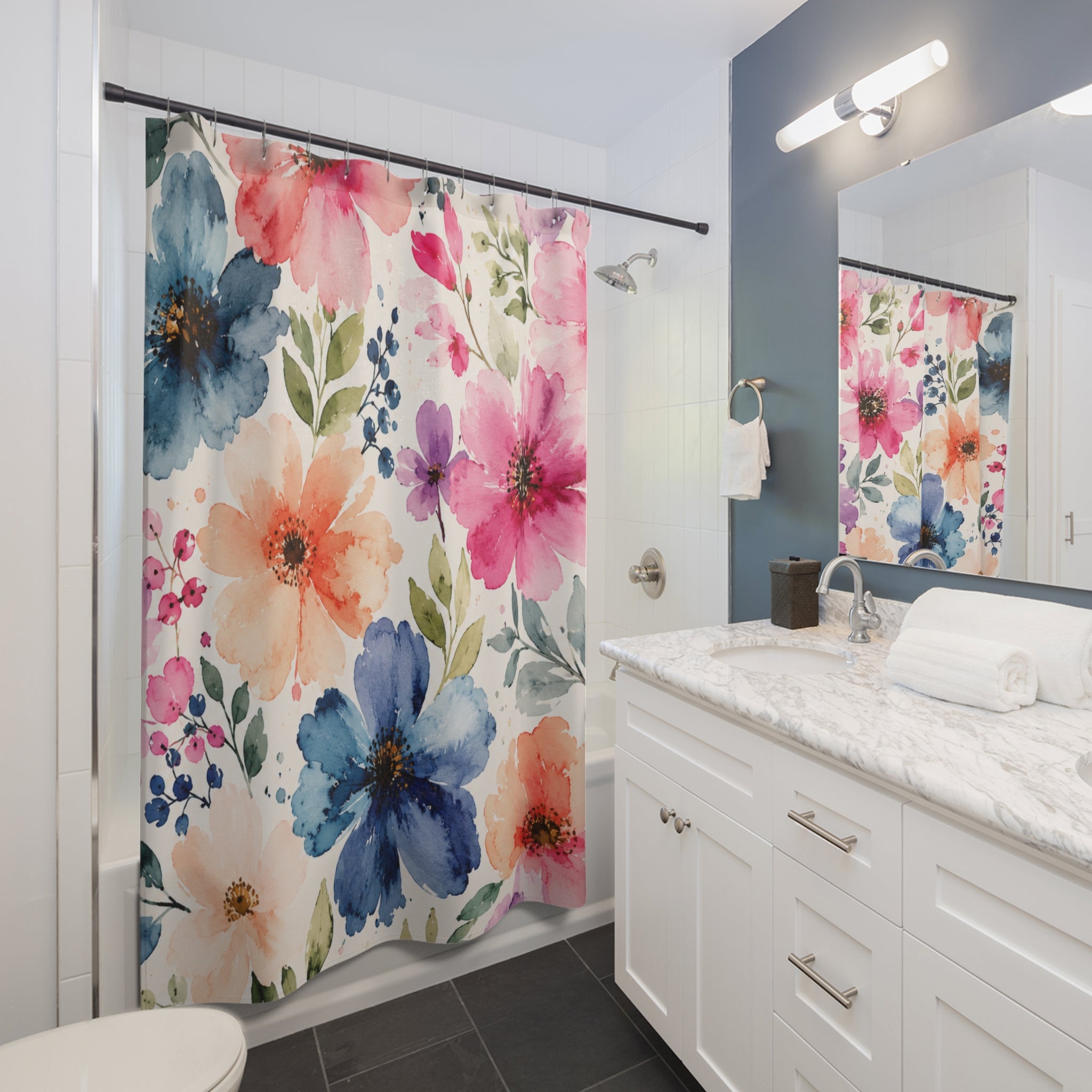 Floral Watercolor Shower Curtain — Pink & Blue Spring Flowers Bathroom Decor