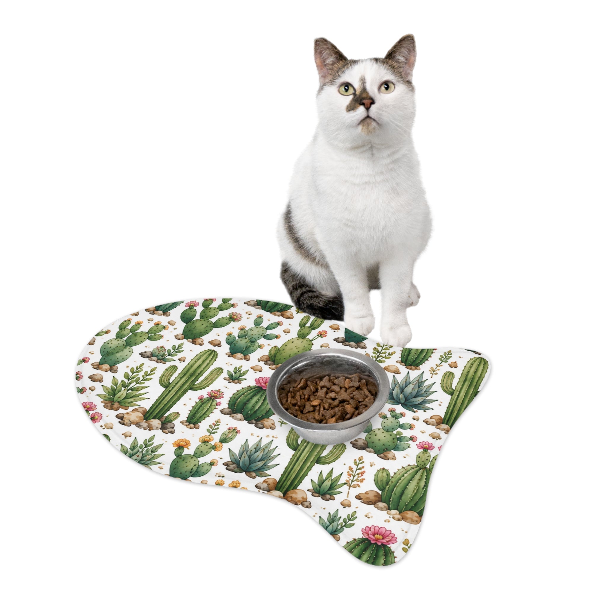Cactus Pattern Pet Feeding Mat — Non-Slip Bone-Shaped Food & Water Placemat for Dogs & Cats