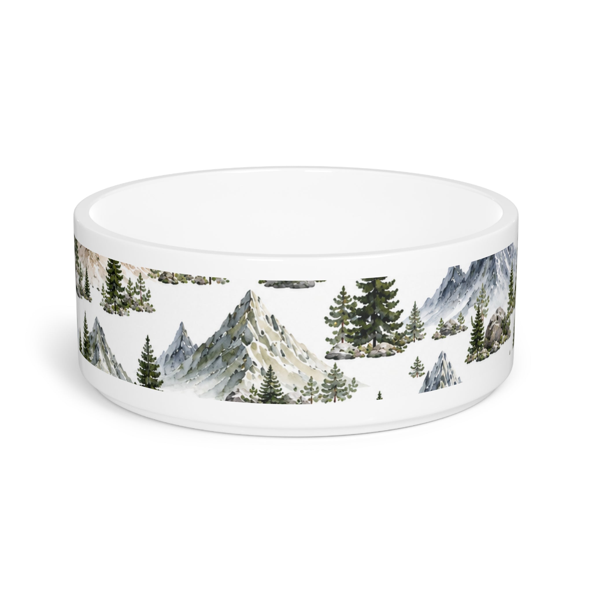 Mountain Pines Pet Bowl — Scenic Watercolor Mountains Dog & Cat Bowl