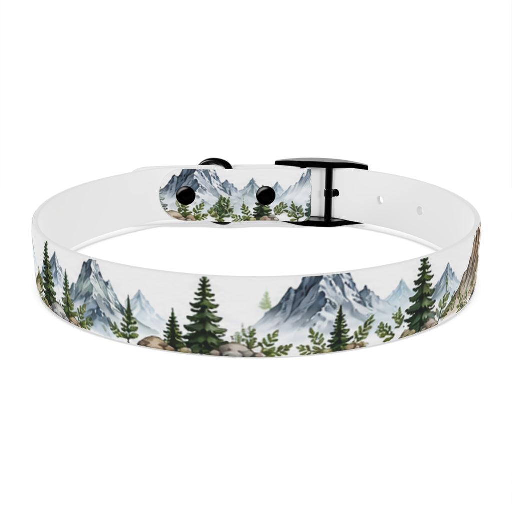 Mountain Pine Dog Collar — Watercolor Mountains & Evergreen Trees