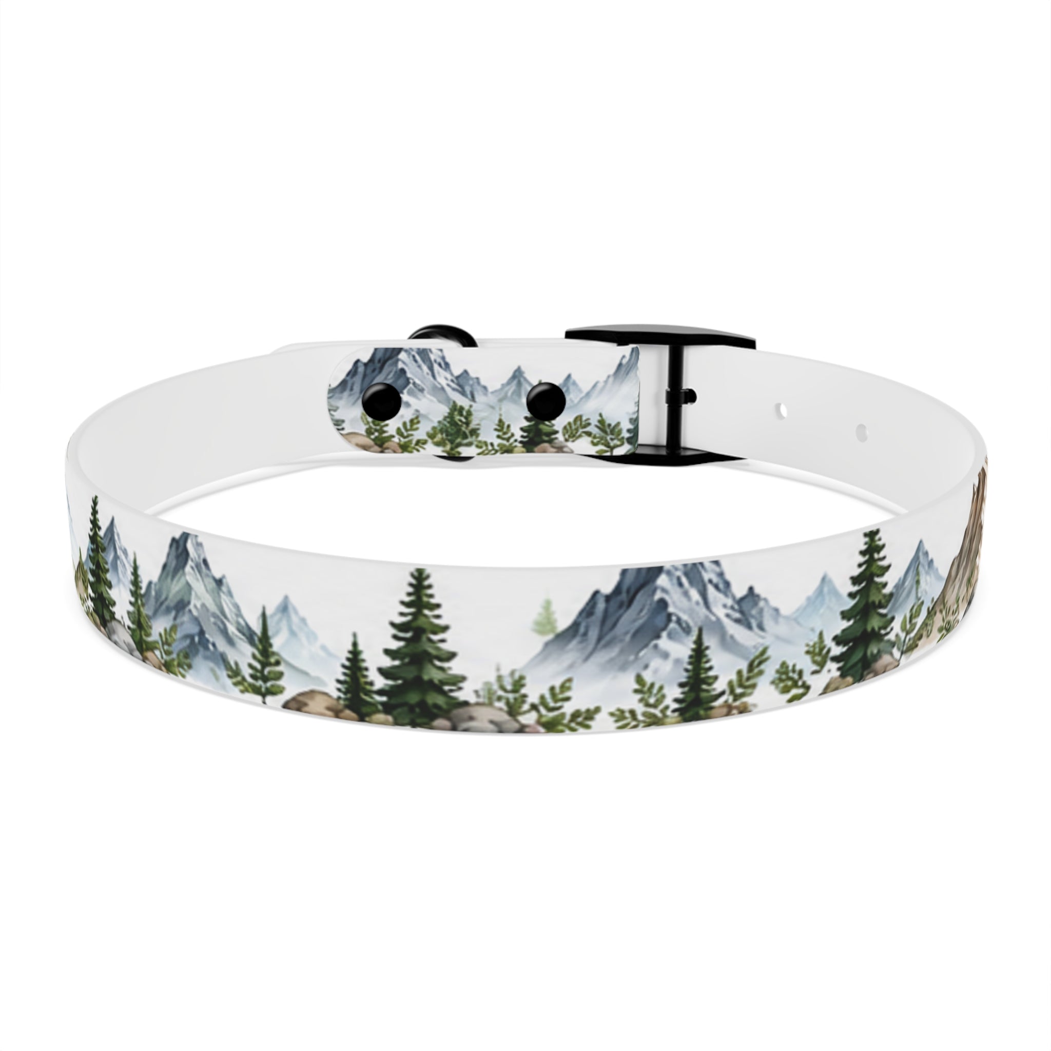 Mountain Pine Dog Collar — Watercolor Mountains & Evergreen Trees