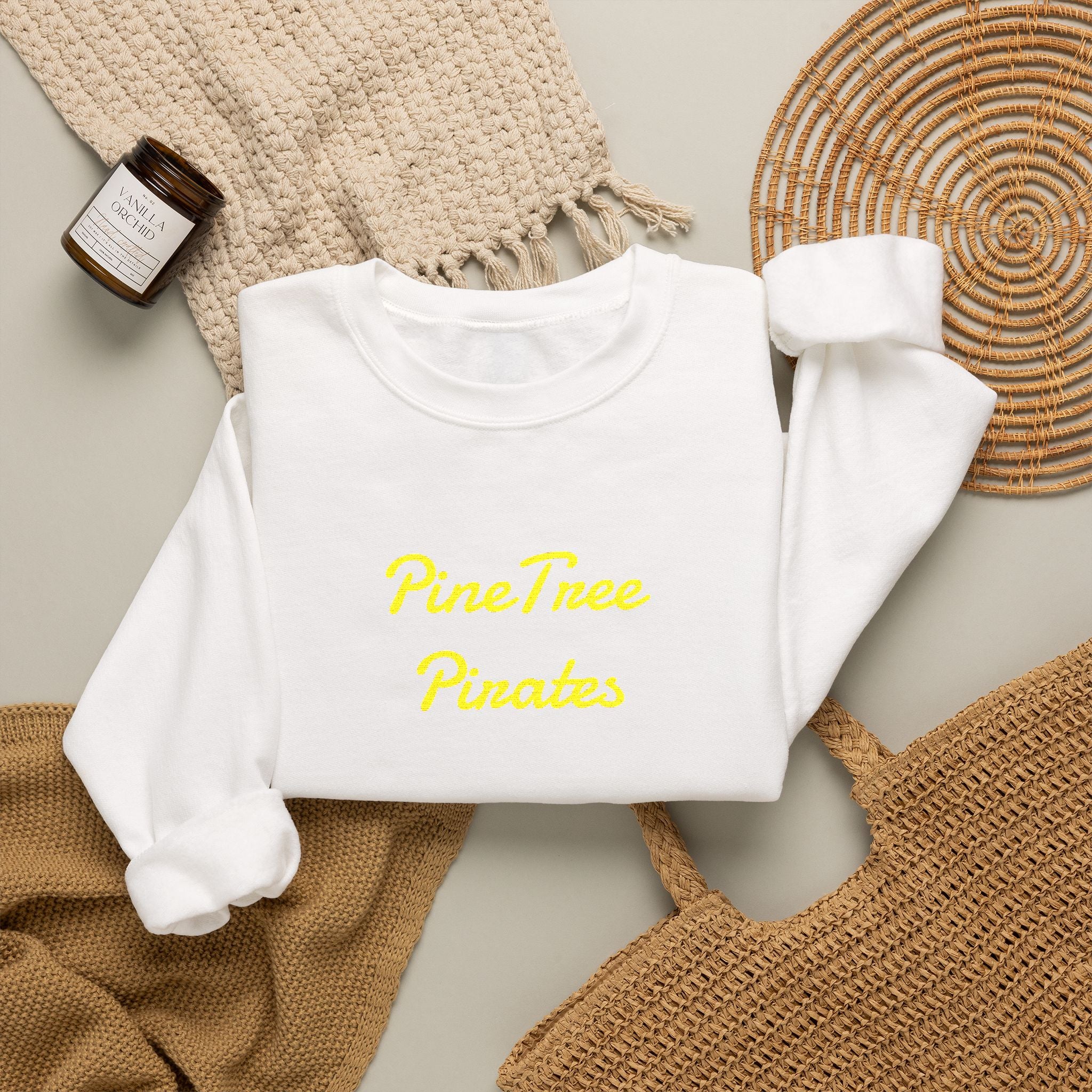 Crewneck Sweatshirt — "Pine Tree Paradise" Yellow Script Cozy Pullover