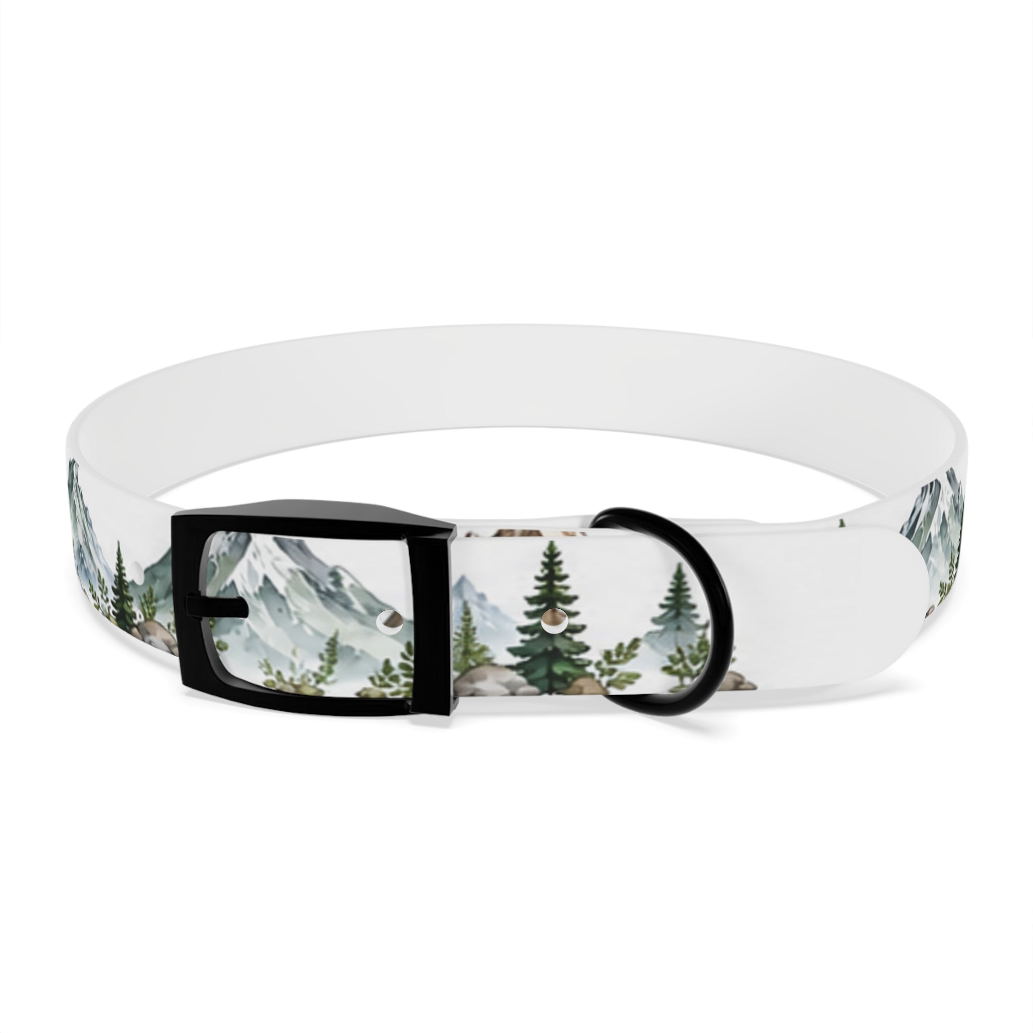 Mountain Pine Dog Collar — Watercolor Mountains & Evergreen Trees