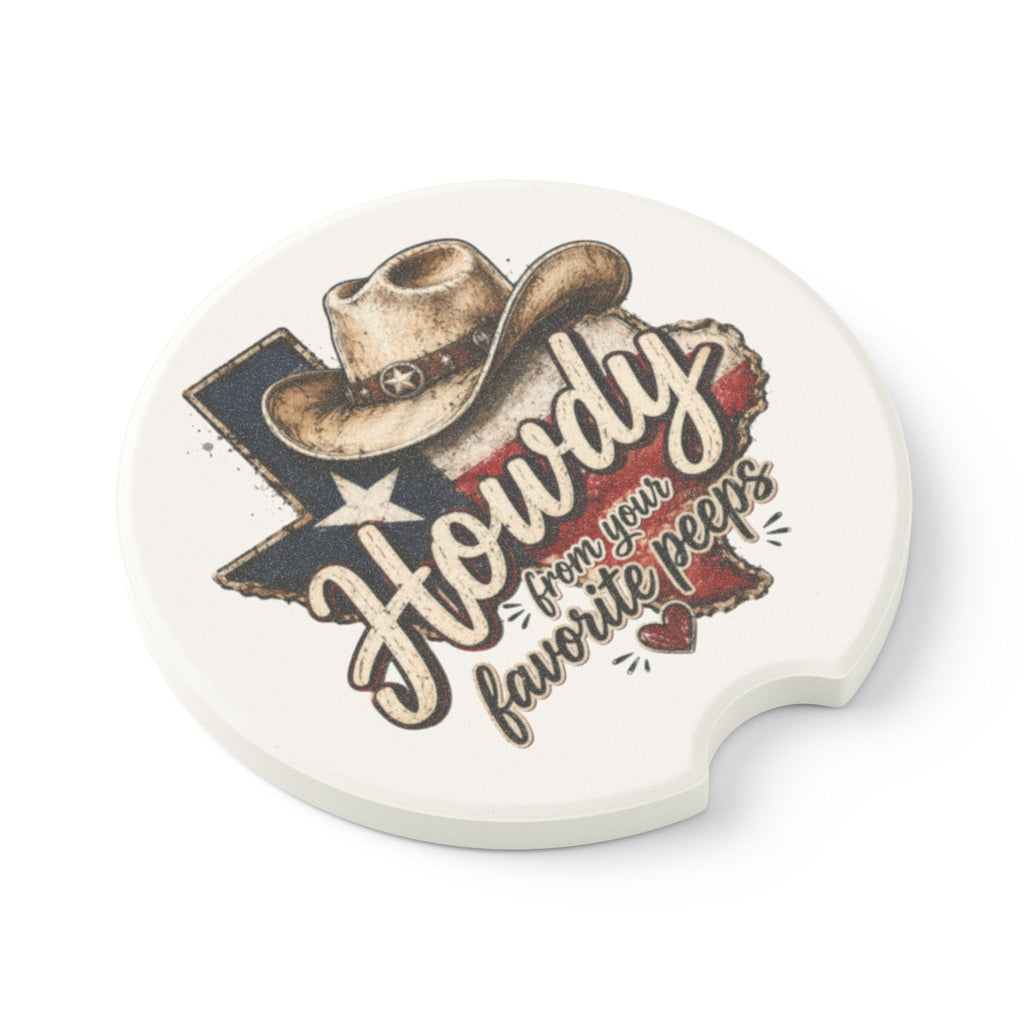 Howdy Texas Car Coaster — Soapstone Cup Holder Insert with Cowboy Hat Design