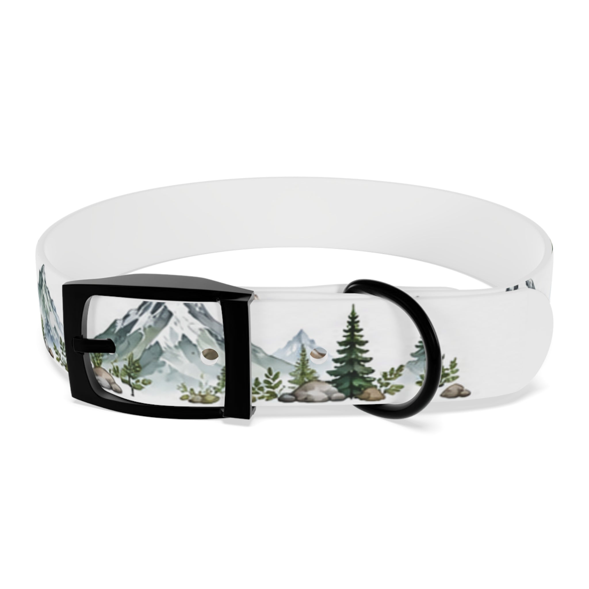 Mountain Pine Dog Collar — Watercolor Mountains & Evergreen Trees