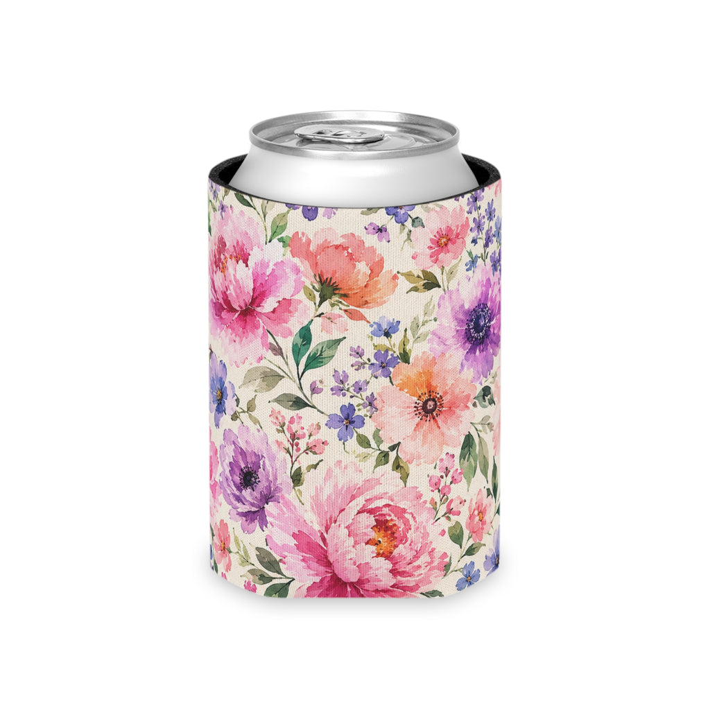 Floral Watercolor Can Cooler — Pink Peony Beverage Koozie