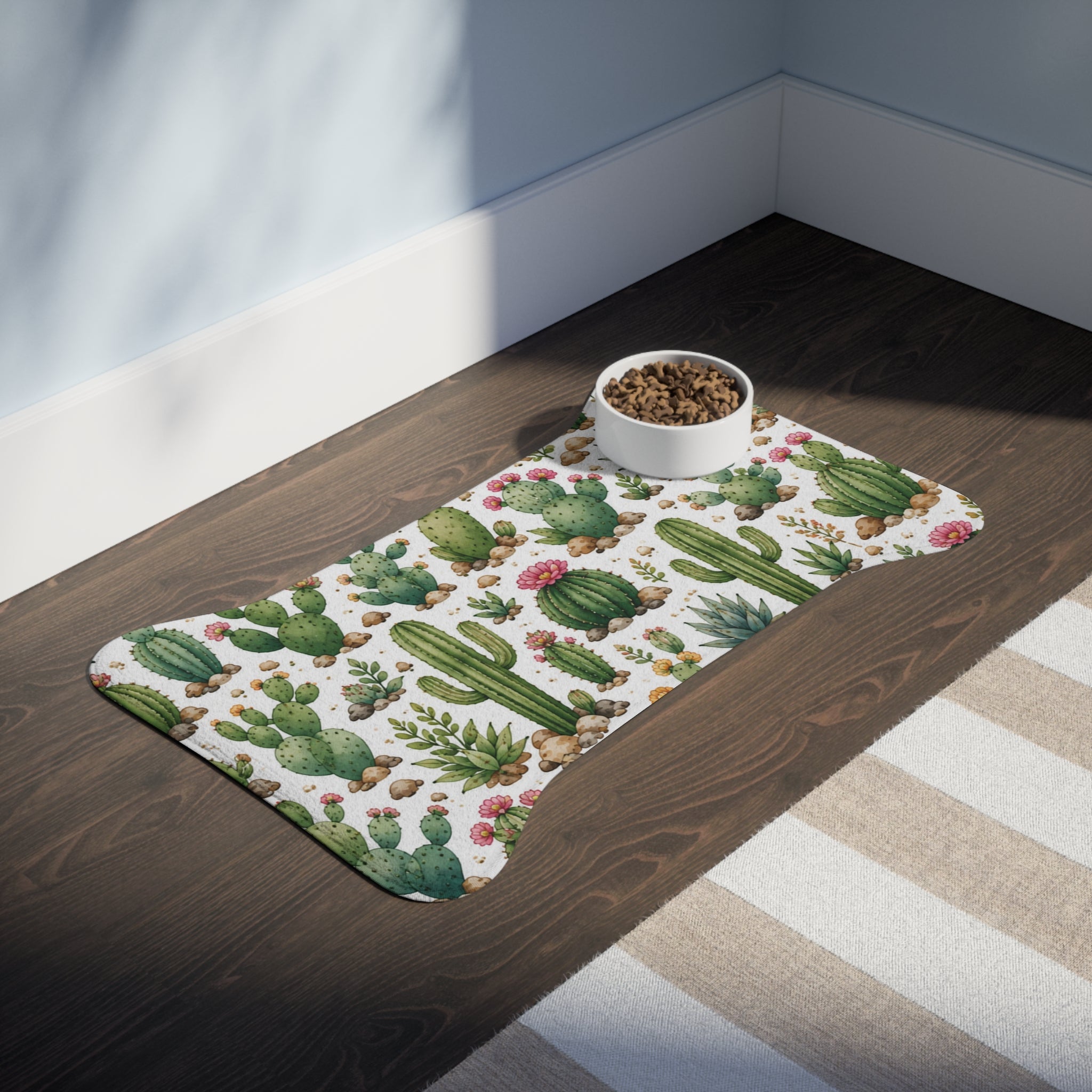 Cactus Pattern Pet Feeding Mat — Non-Slip Bone-Shaped Food & Water Placemat for Dogs & Cats