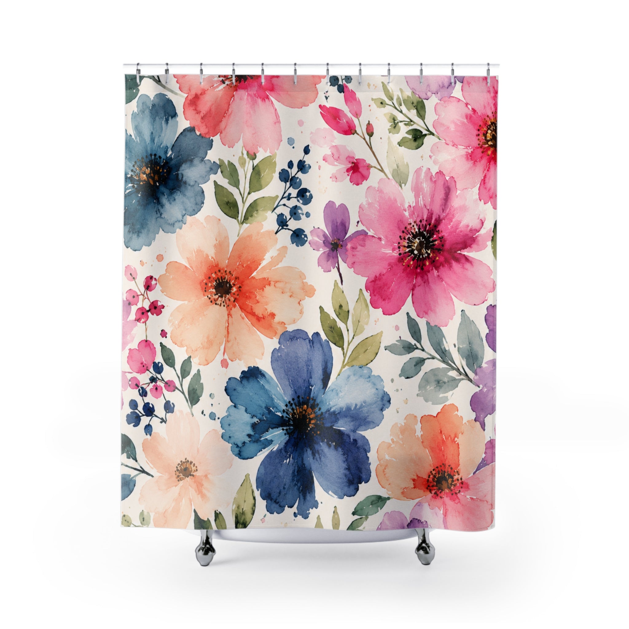 Floral Watercolor Shower Curtain — Pink & Blue Spring Flowers Bathroom Decor