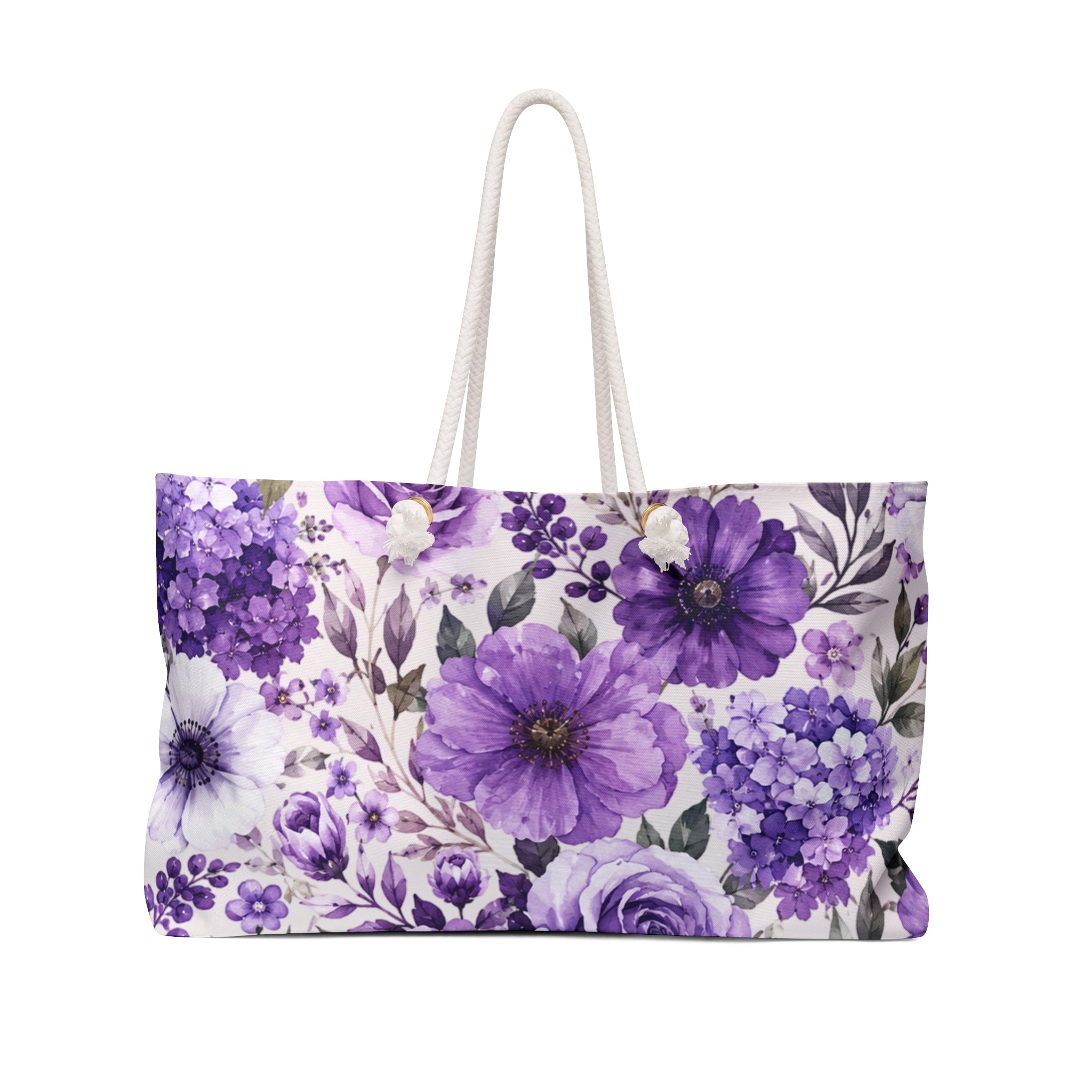 Purple Floral Weekender Bag — Large Travel Tote with Violet Rose & Anemone Print