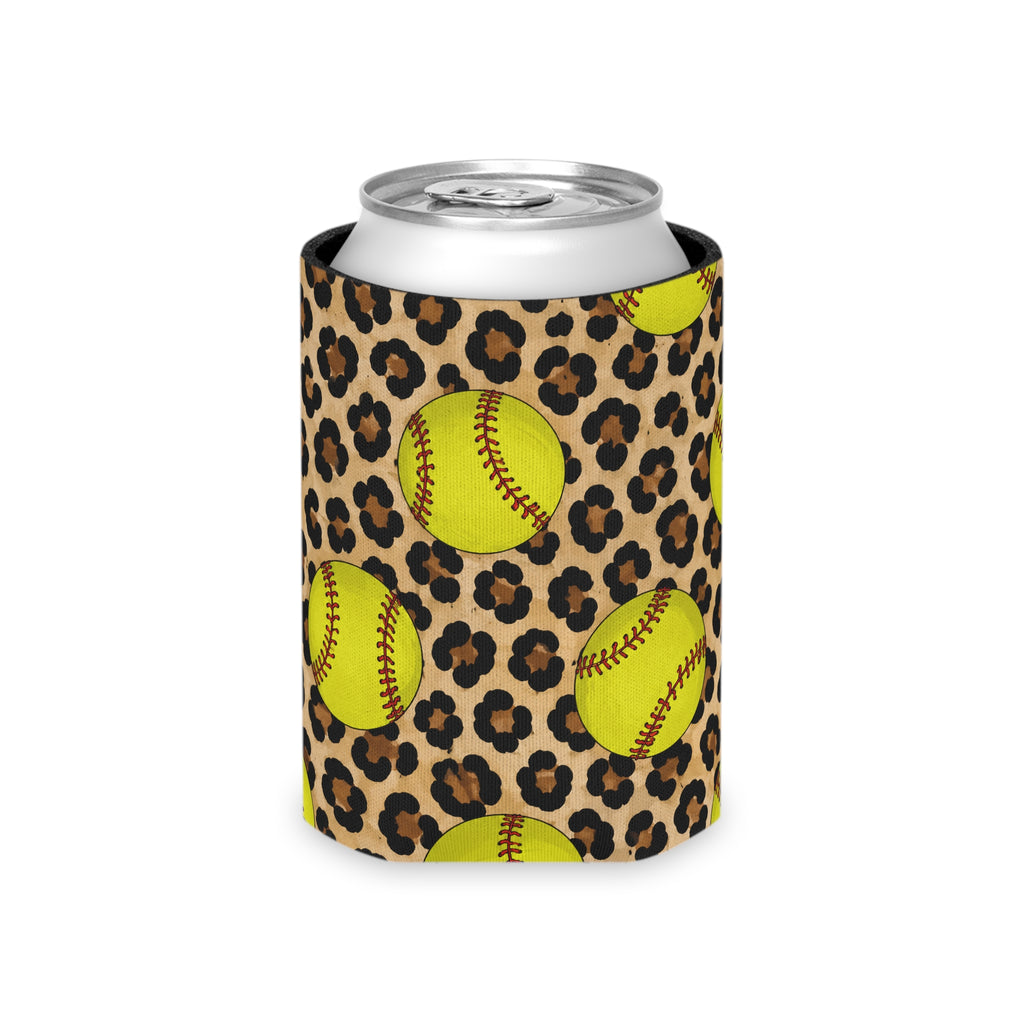 Softball Leopard Can Cooler — Neon Softballs on Cheetah Print Drink Koozie