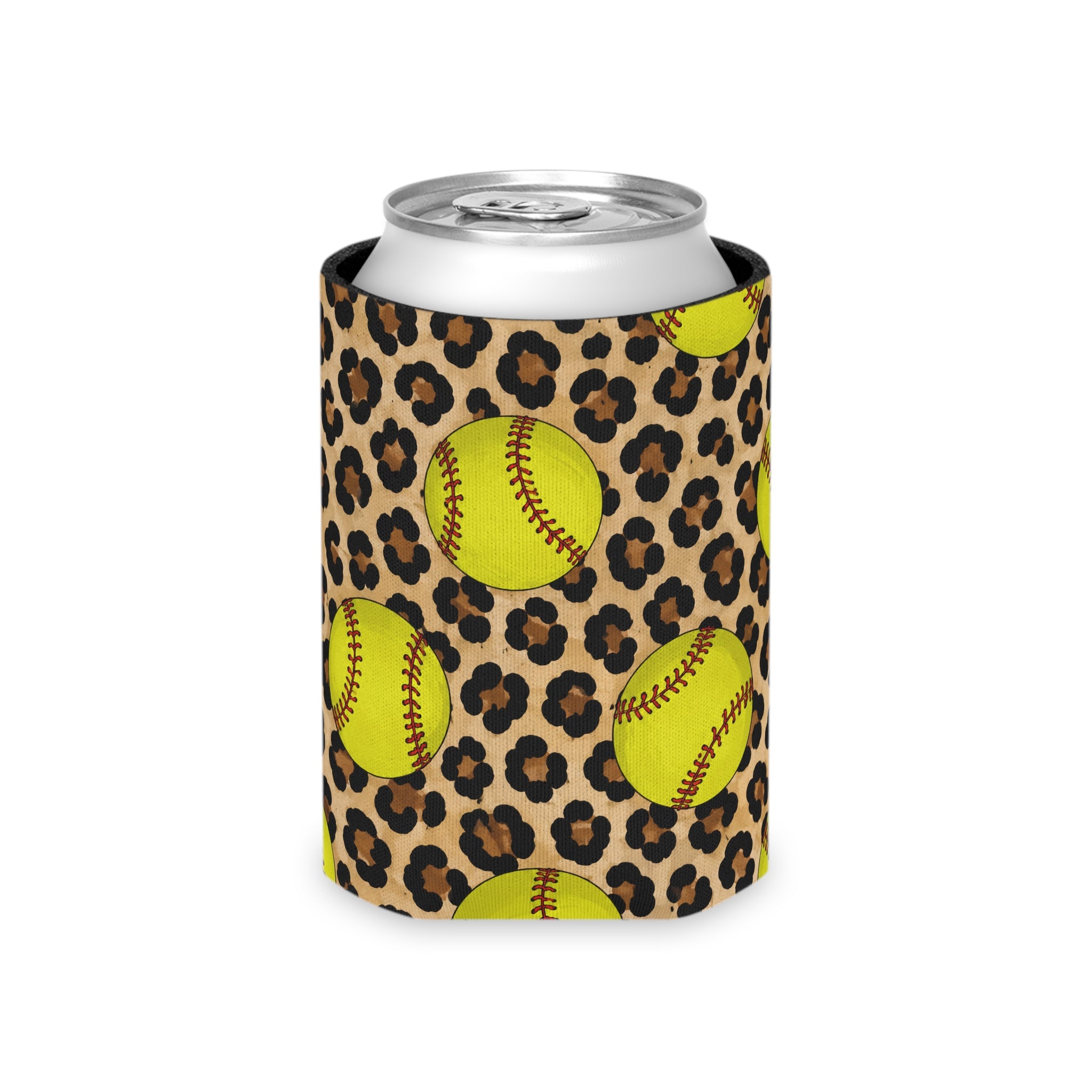 Softball Leopard Can Cooler — Neon Softballs on Cheetah Print Drink Koozie