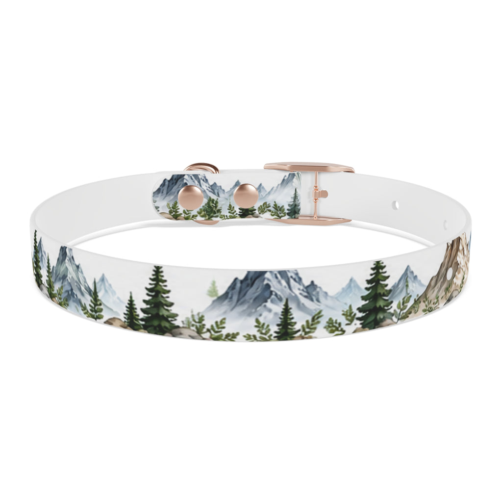 Mountain Pine Dog Collar — Watercolor Mountains & Evergreen Trees