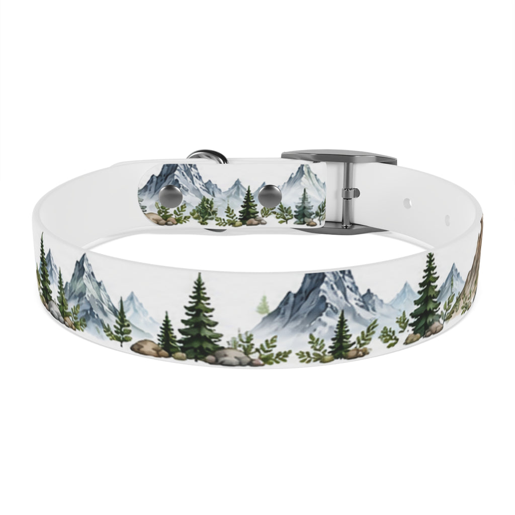 Mountain Pine Dog Collar — Watercolor Mountains & Evergreen Trees