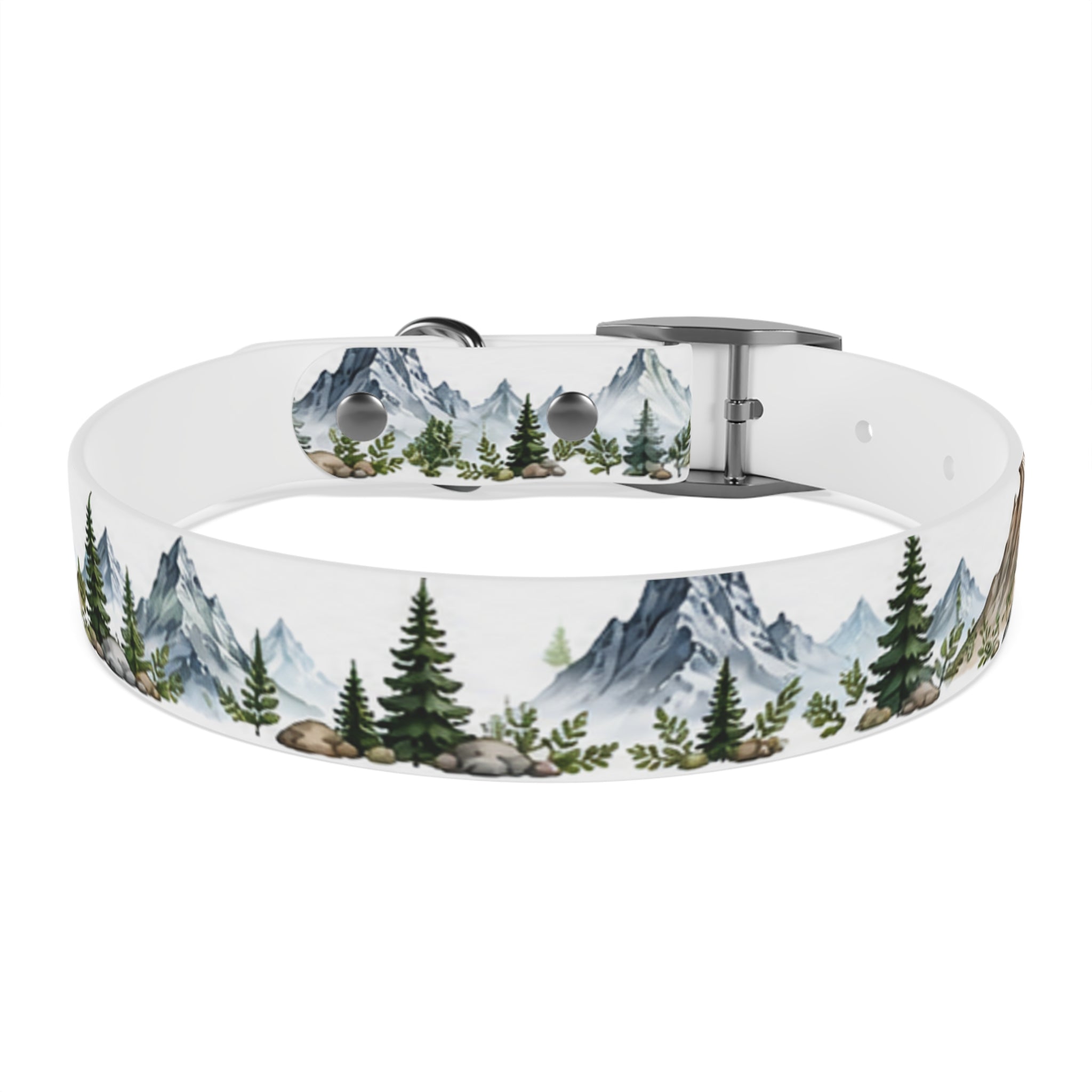 Mountain Pine Dog Collar — Watercolor Mountains & Evergreen Trees