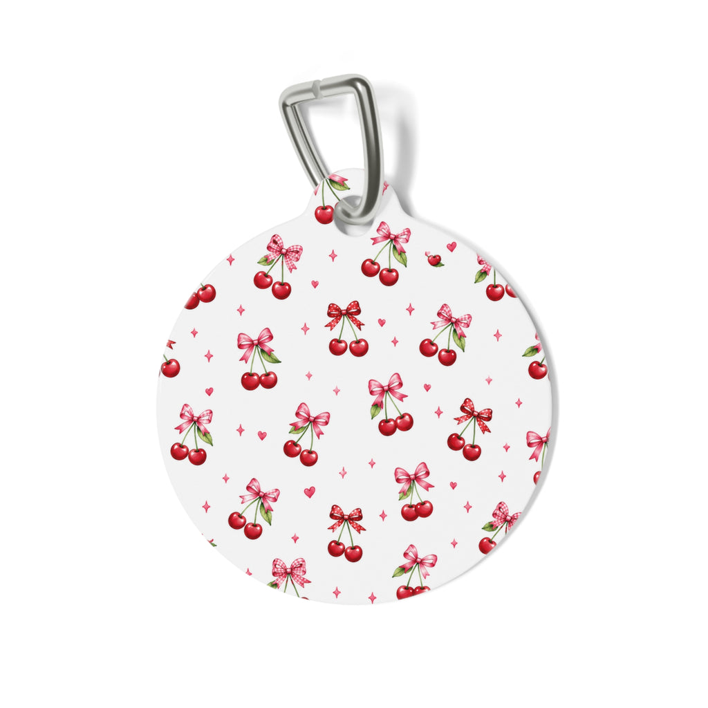 Cherry Bow Pet ID Tag — Cute Pink Cherry Pattern Dog & Cat Name Tag
