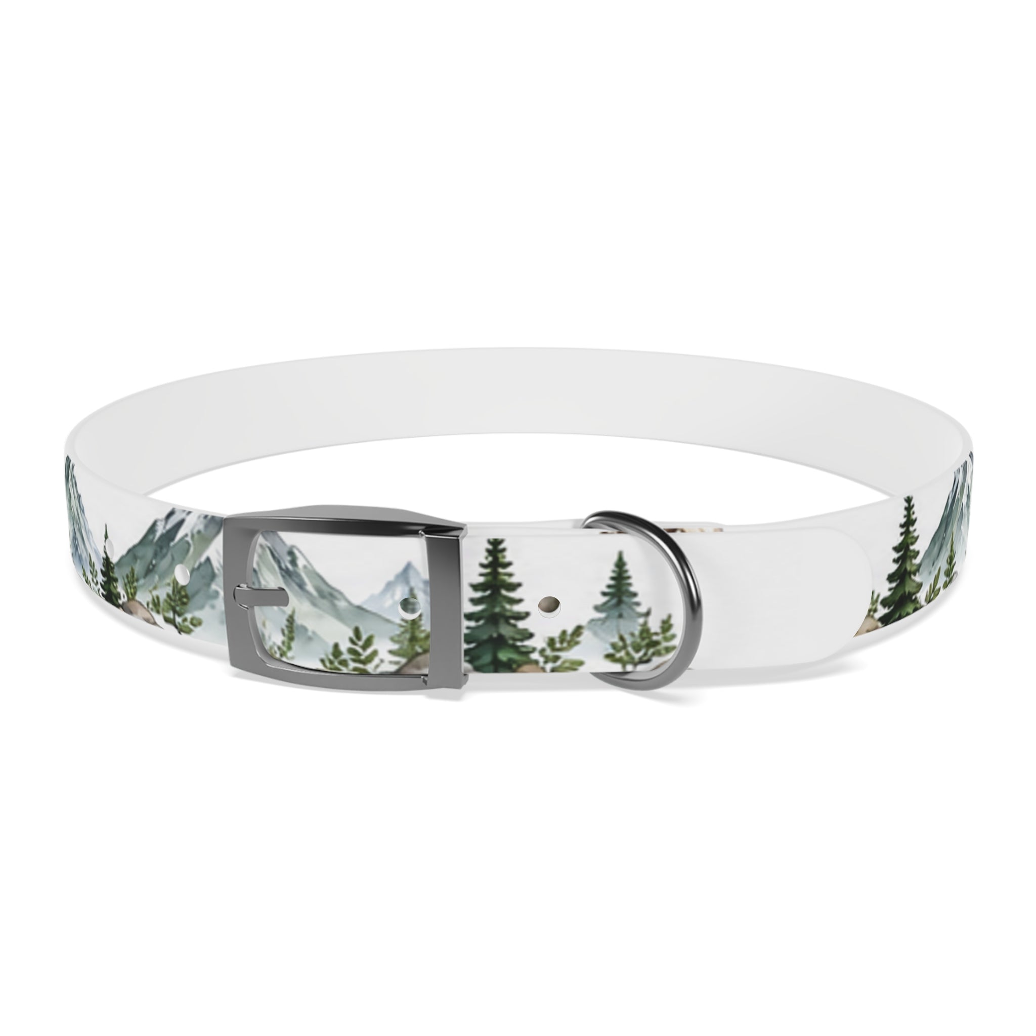 Mountain Pine Dog Collar — Watercolor Mountains & Evergreen Trees