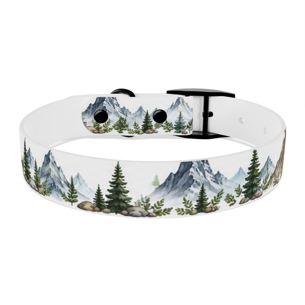 Mountain Pine Dog Collar — Watercolor Mountains & Evergreen Trees