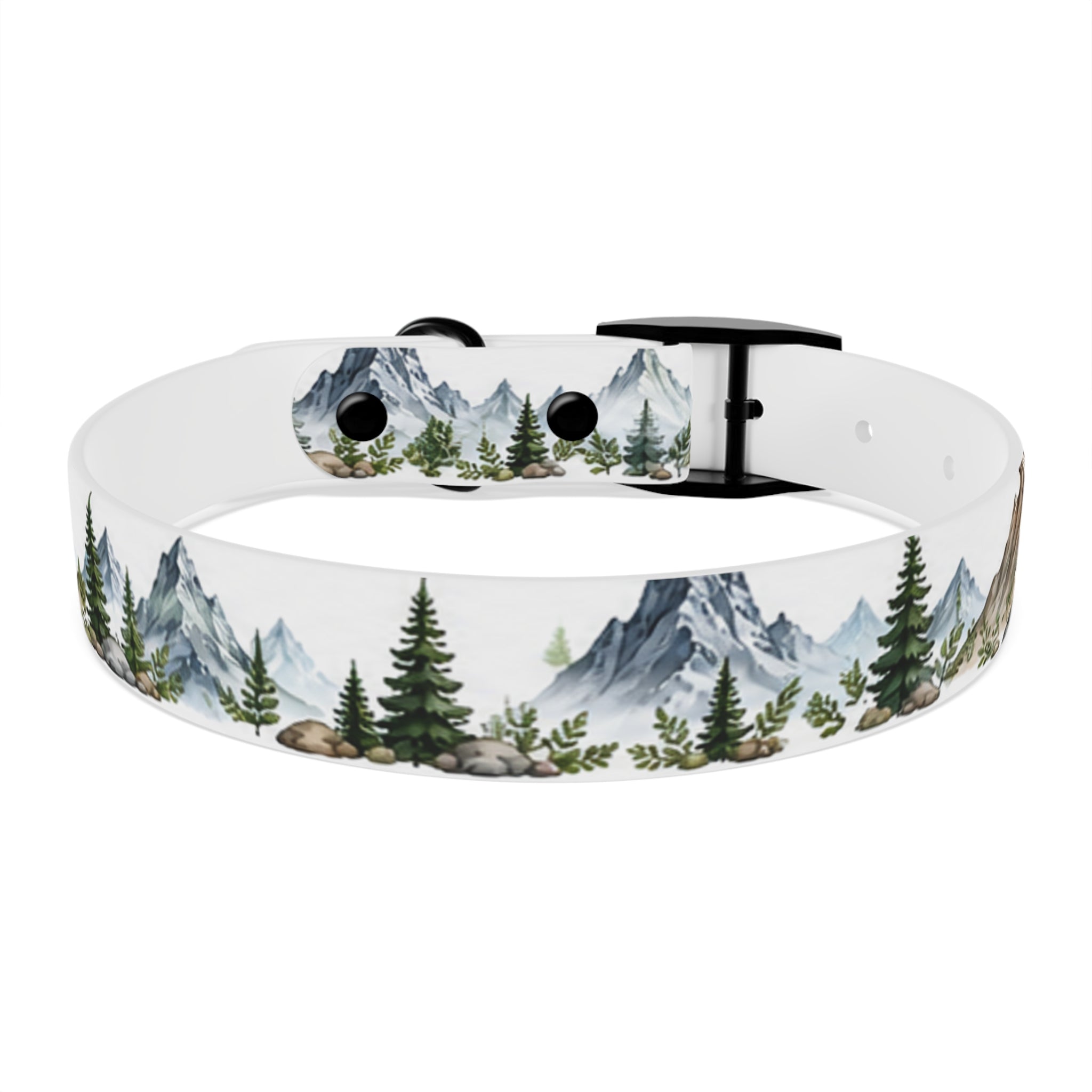 Mountain Pine Dog Collar — Watercolor Mountains & Evergreen Trees