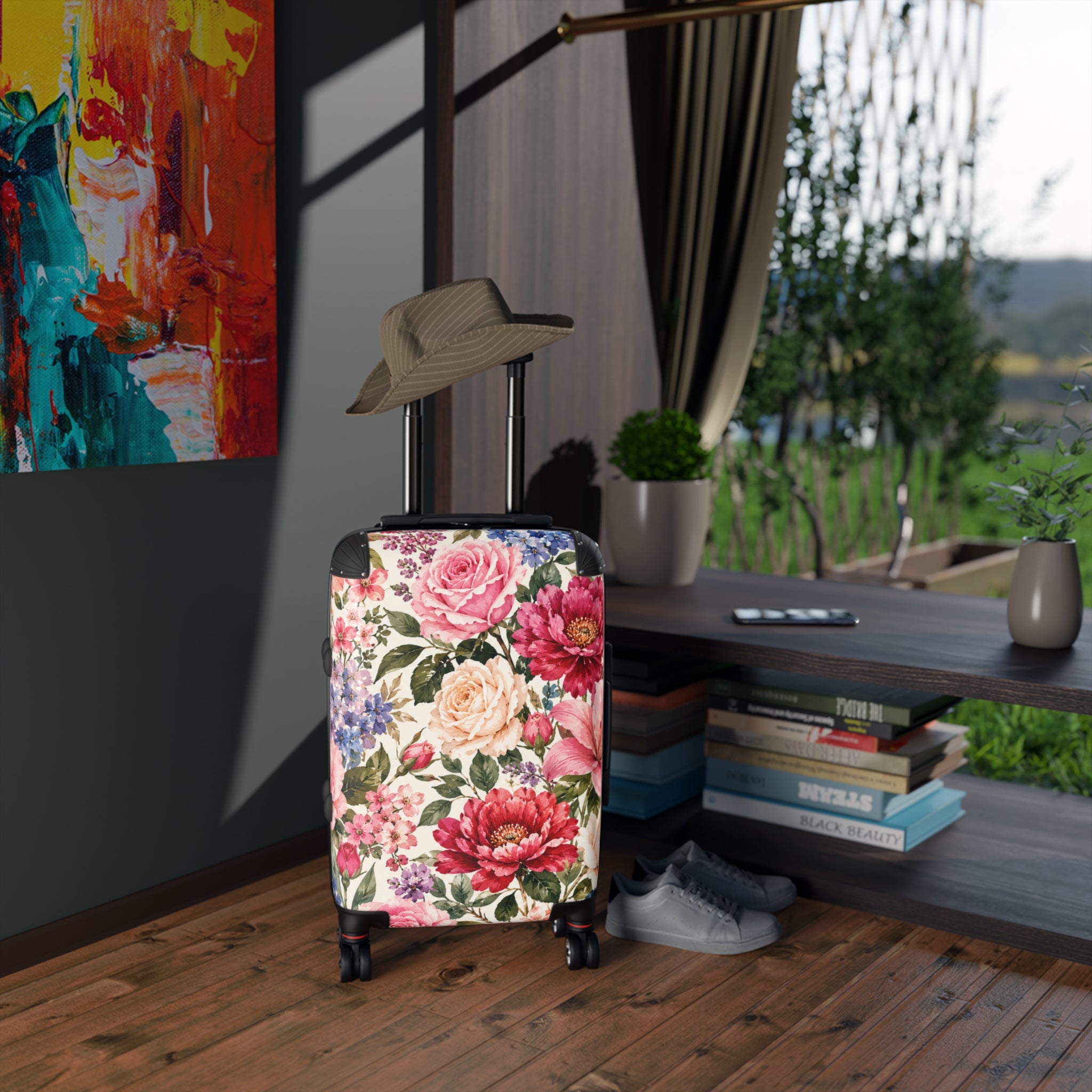 Floral Rose Garden Suitcase — Vintage Pink Peony Luggage Cover