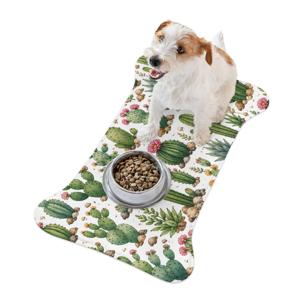 Cactus Pattern Pet Feeding Mat — Non-Slip Bone-Shaped Food & Water Placemat for Dogs & Cats