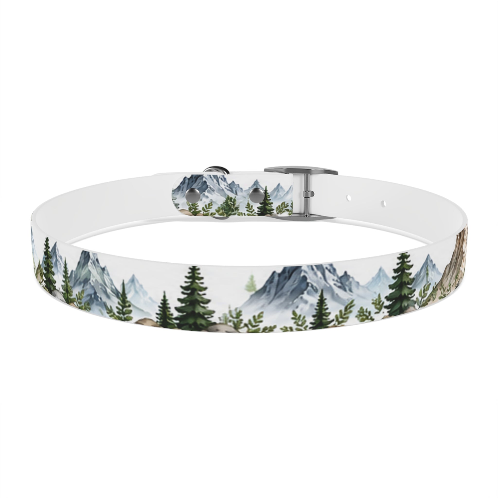 Mountain Pine Dog Collar — Watercolor Mountains & Evergreen Trees