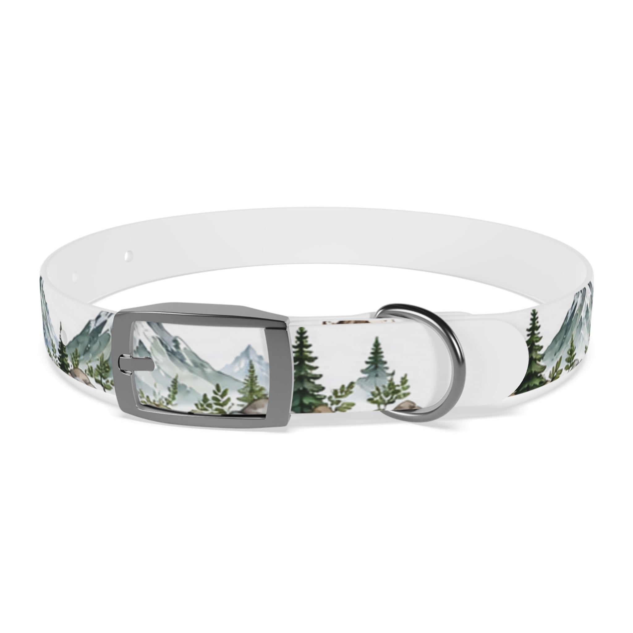Mountain Pine Dog Collar — Watercolor Mountains & Evergreen Trees
