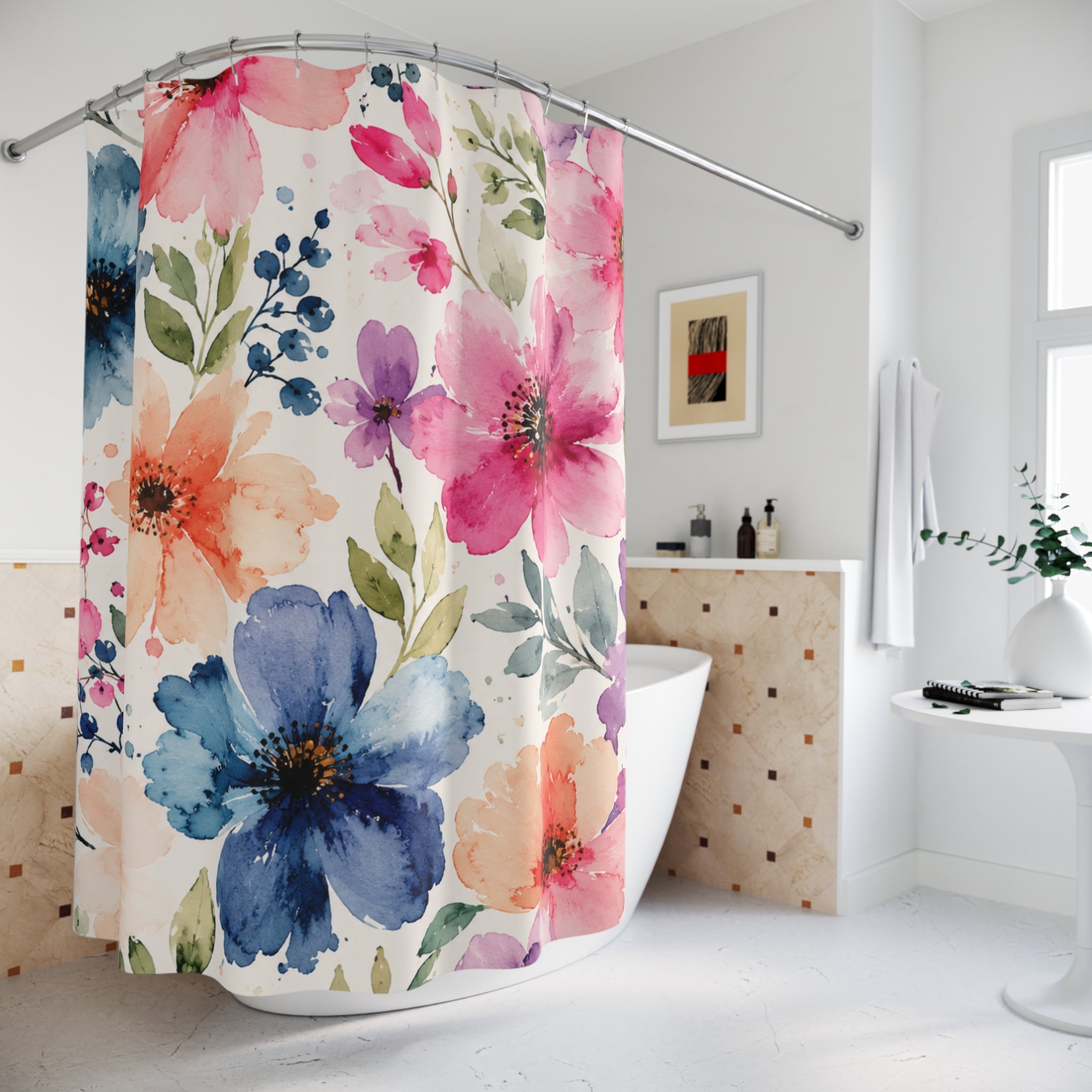 Floral Watercolor Shower Curtain — Pink & Blue Spring Flowers Bathroom Decor