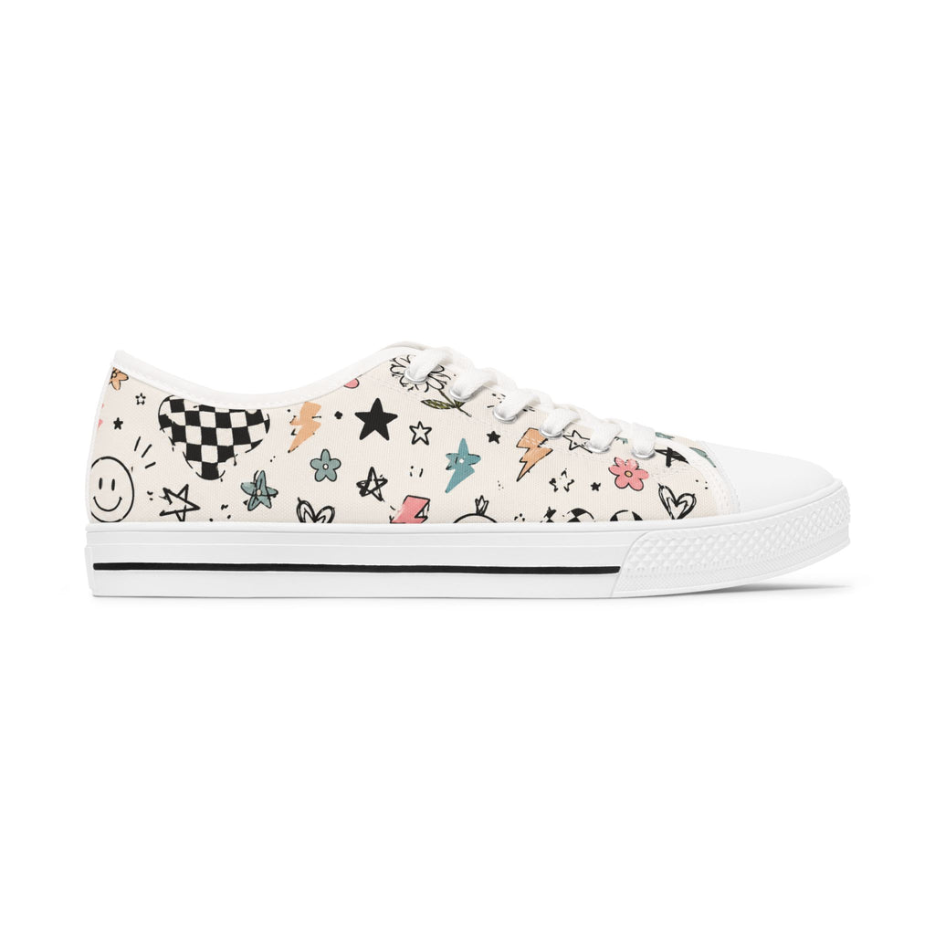 Low Top Sneakers — Playful Doodle Print Women's Canvas Shoes