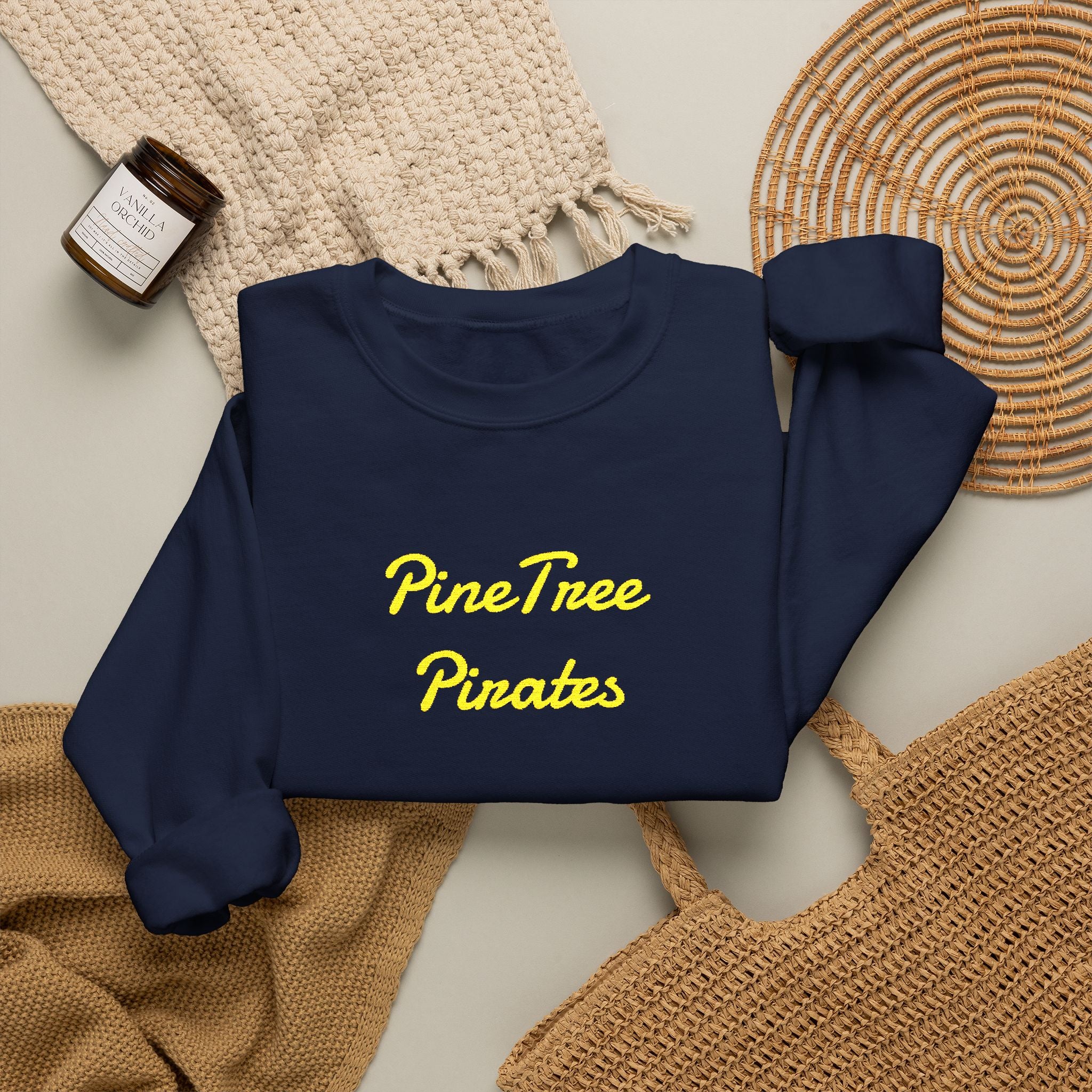 Crewneck Sweatshirt — "Pine Tree Paradise" Yellow Script Cozy Pullover