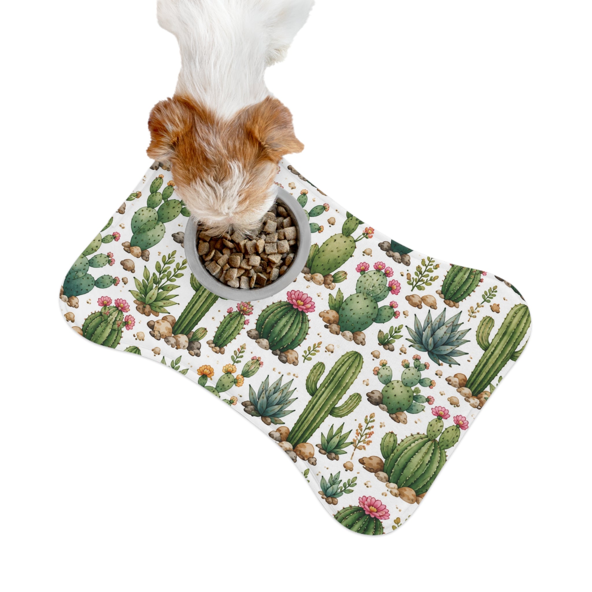 Cactus Pattern Pet Feeding Mat — Non-Slip Bone-Shaped Food & Water Placemat for Dogs & Cats