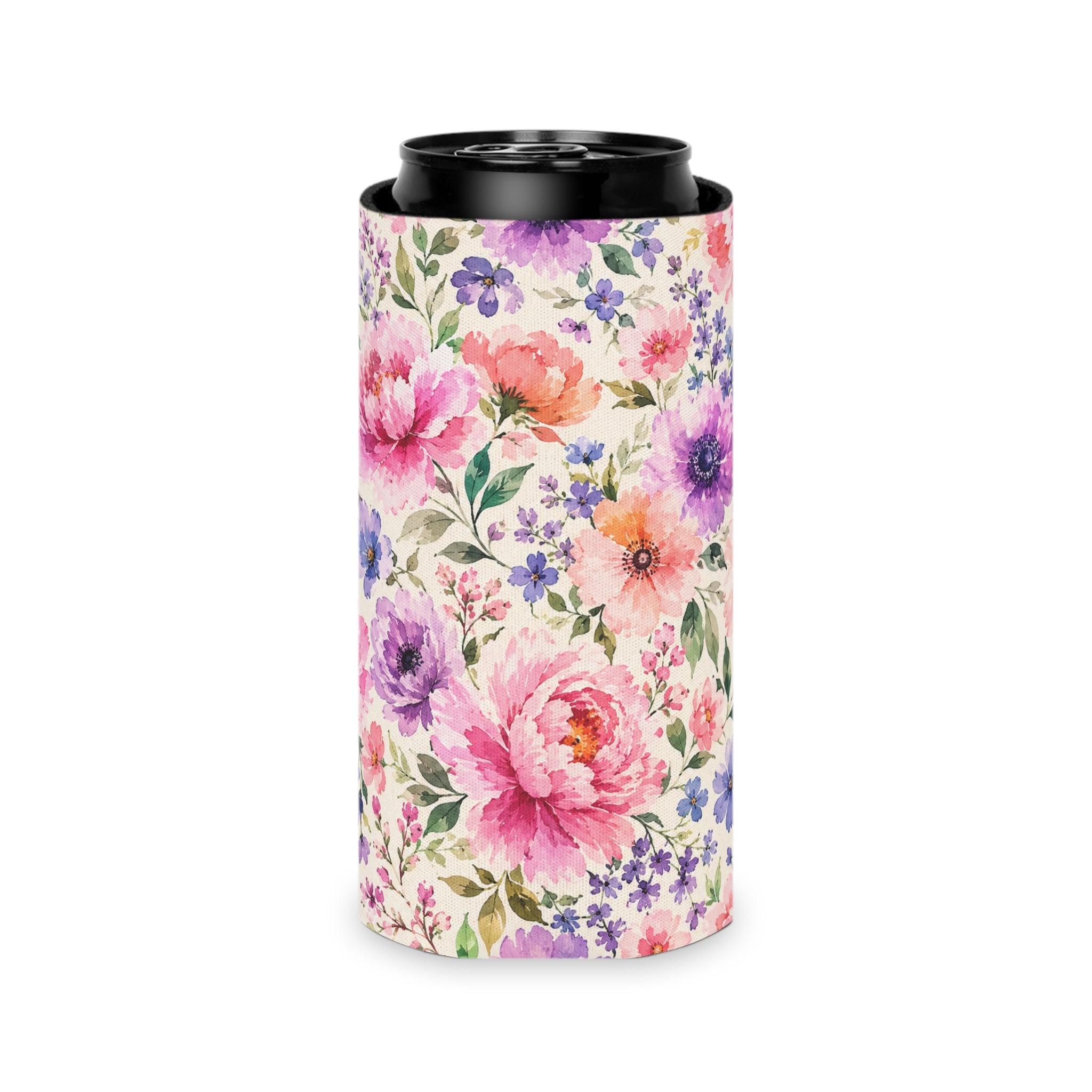 Floral Watercolor Can Cooler — Pink Peony Beverage Koozie