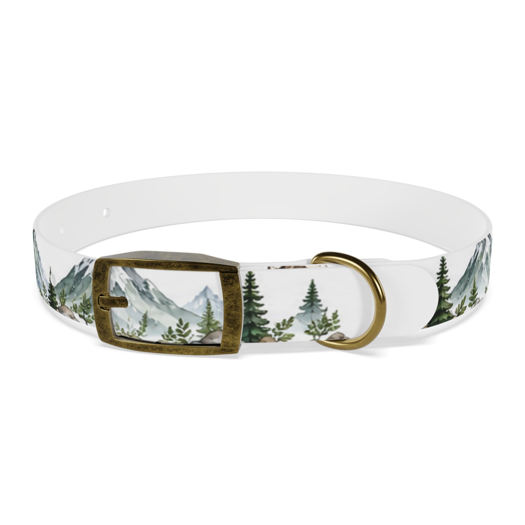 Mountain Pine Dog Collar — Watercolor Mountains & Evergreen Trees