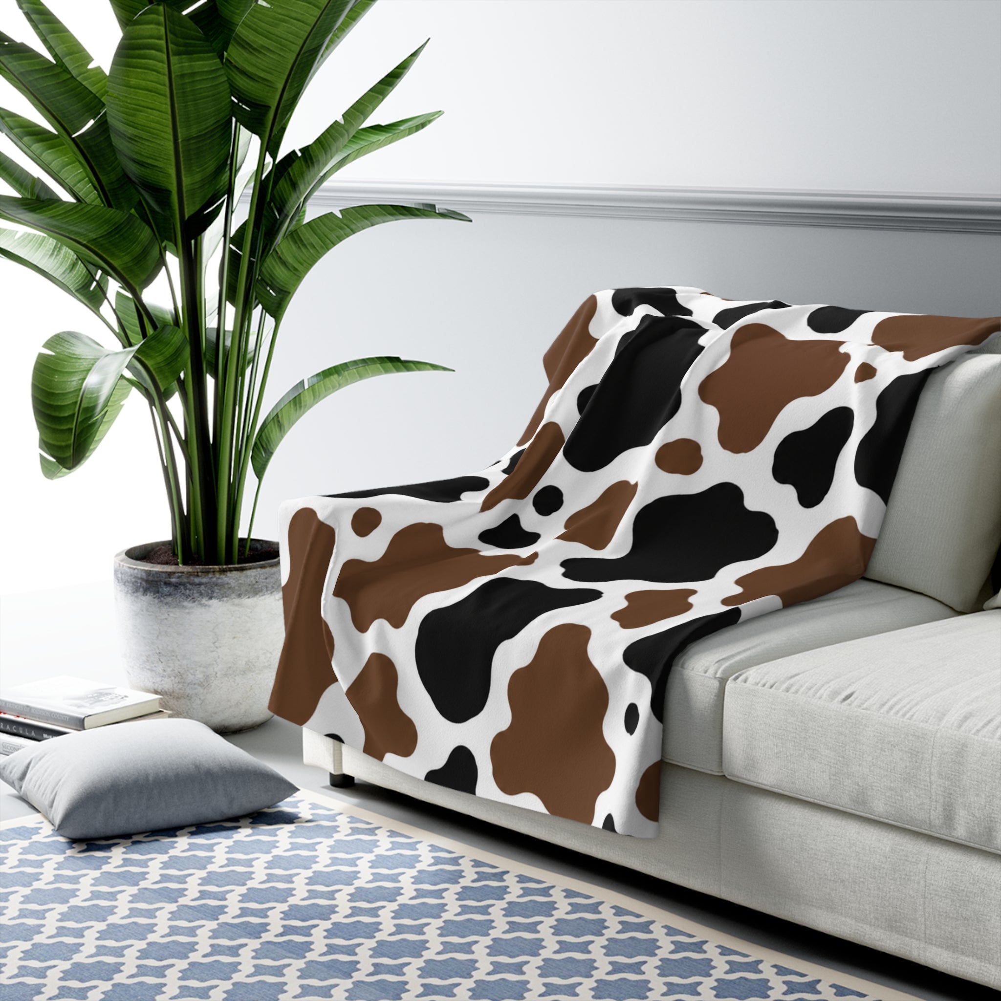 Cow Print Sherpa Blanket — Cozy Brown & Black Fleece Throw