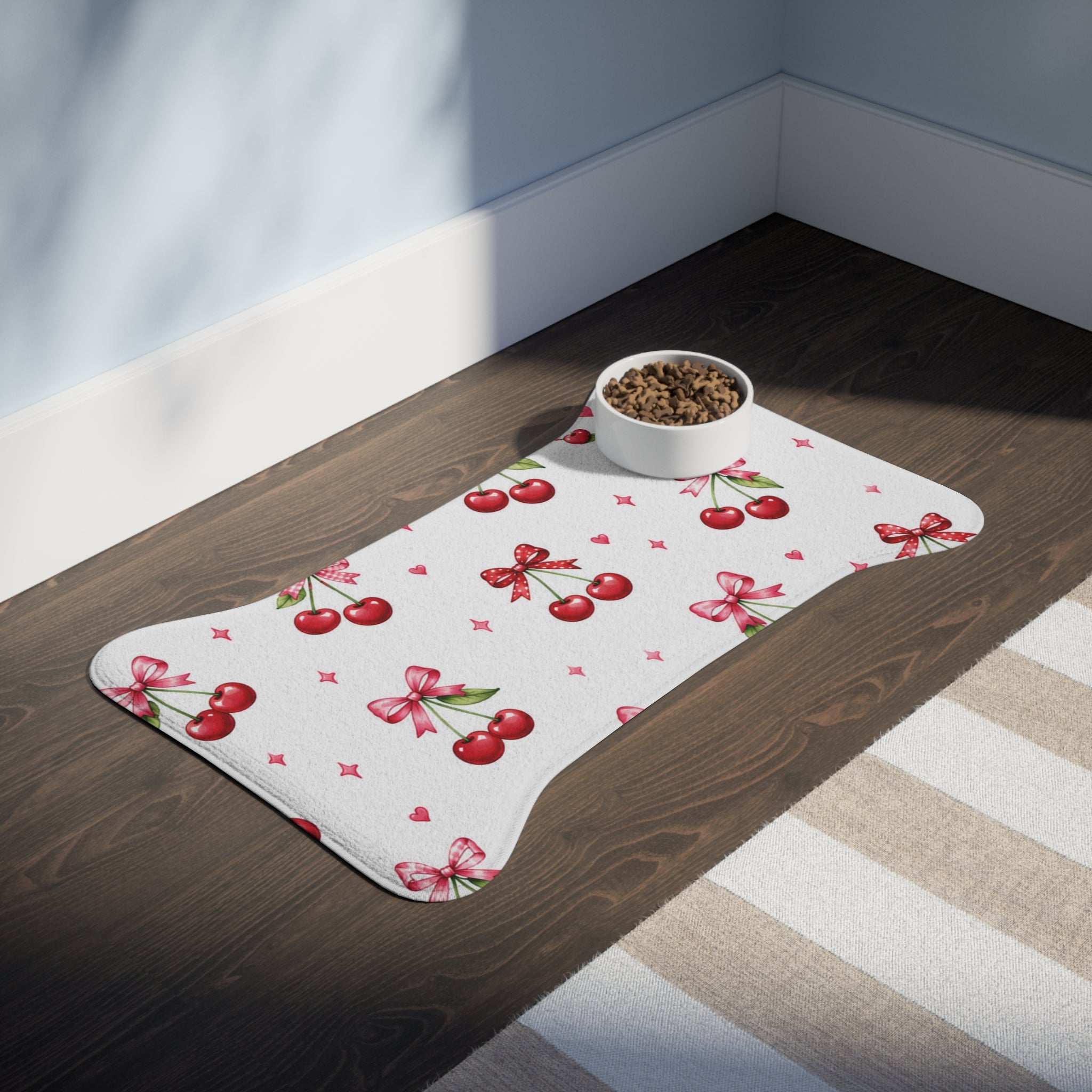 Cherry Bow Pet Feeding Mat — Cute Non-Slip Placemat for Dog & Cat Bowls