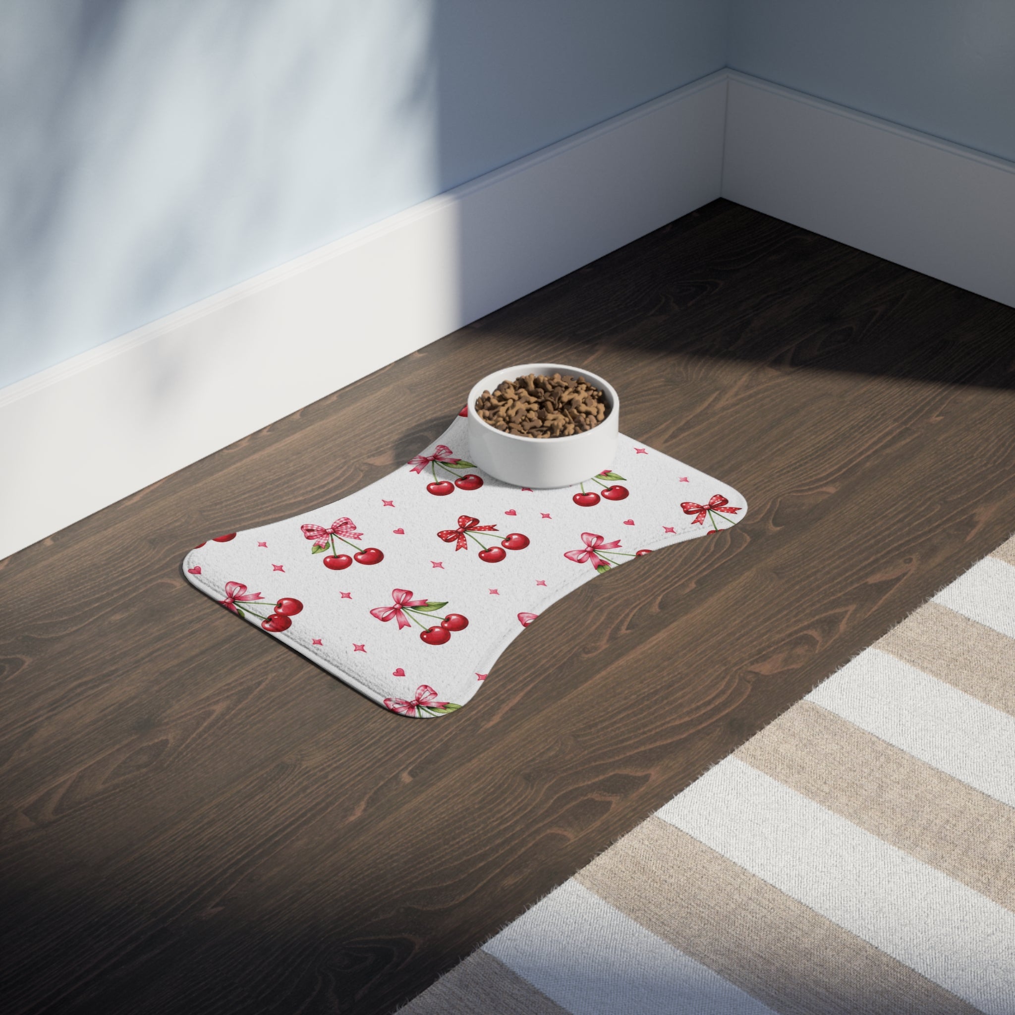 Cherry Bow Pet Feeding Mat — Cute Non-Slip Placemat for Dog & Cat Bowls