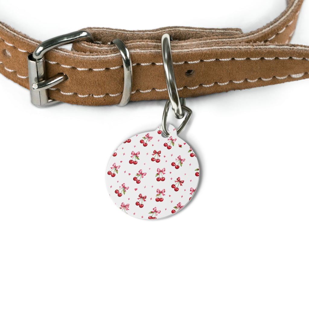 Cherry Bow Pet ID Tag — Cute Pink Cherry Pattern Dog & Cat Name Tag