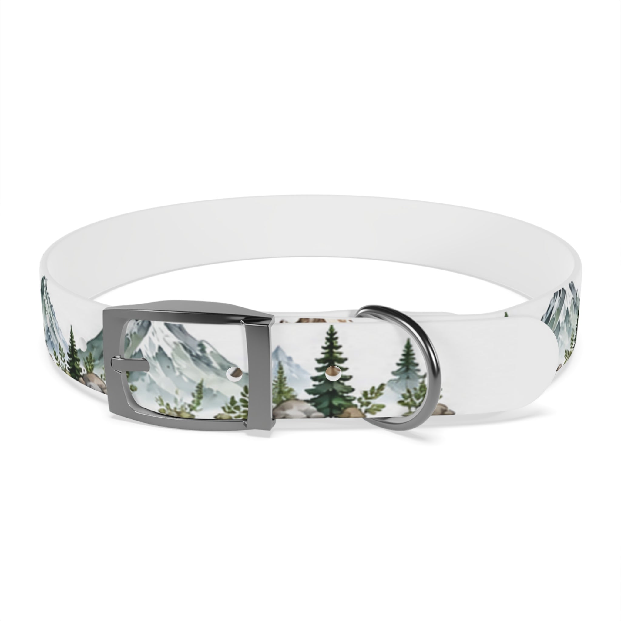 Mountain Pine Dog Collar — Watercolor Mountains & Evergreen Trees