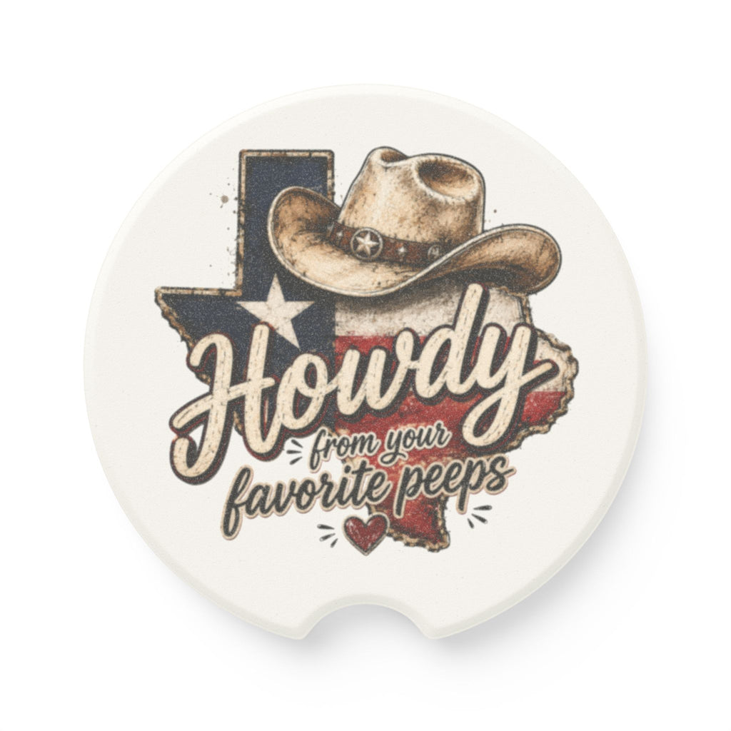 Howdy Texas Car Coaster — Soapstone Cup Holder Insert with Cowboy Hat Design