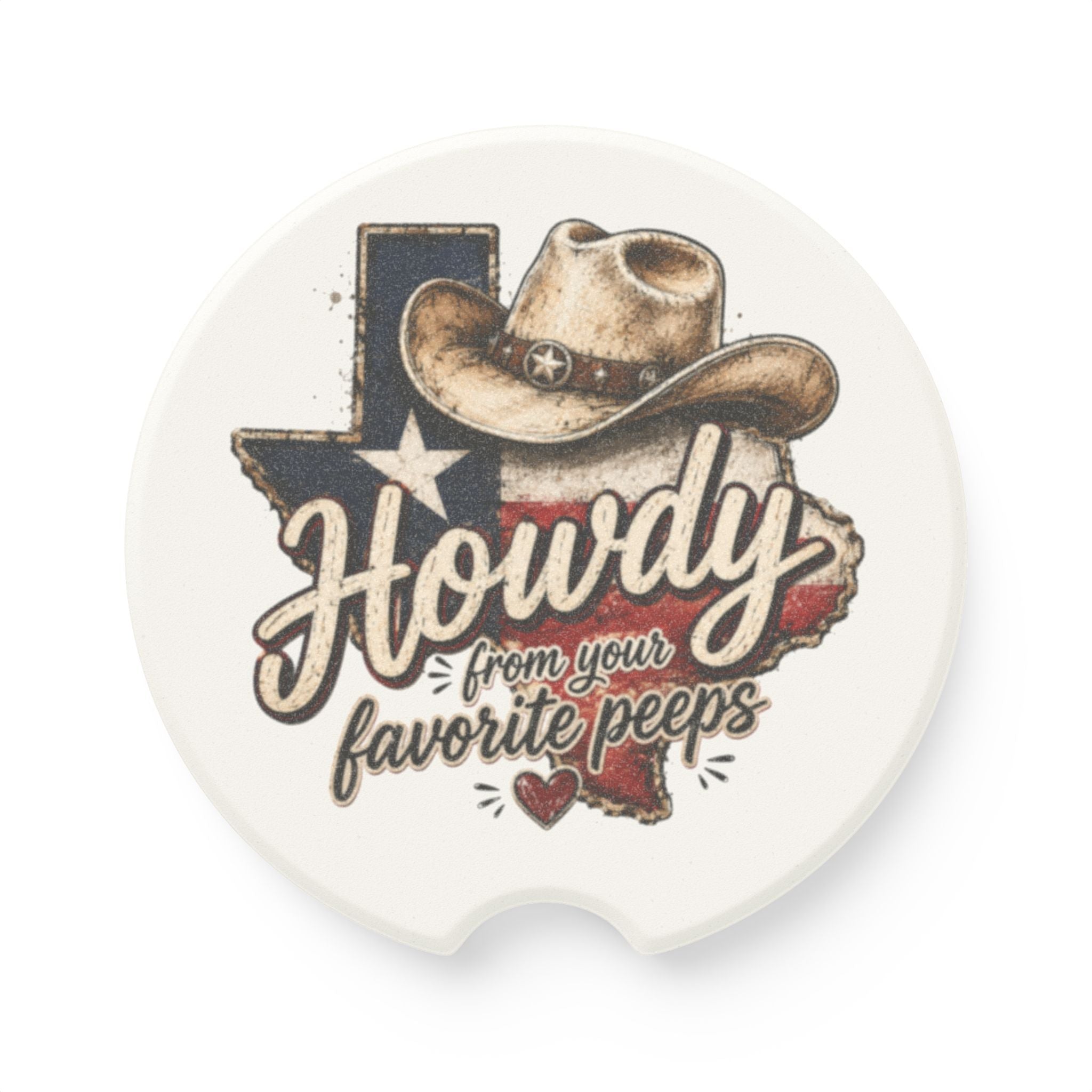 Howdy Texas Car Coaster — Soapstone Cup Holder Insert with Cowboy Hat Design