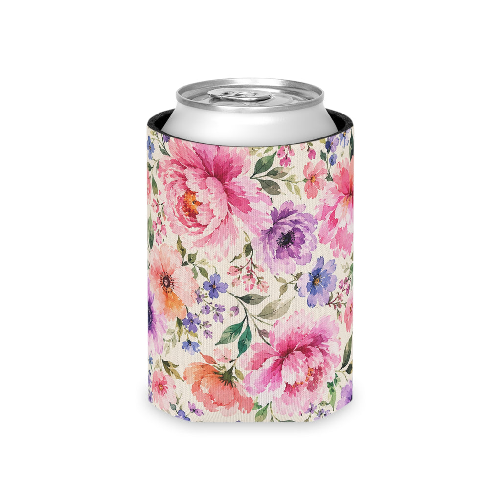 Floral Watercolor Can Cooler — Pink Peony Beverage Koozie